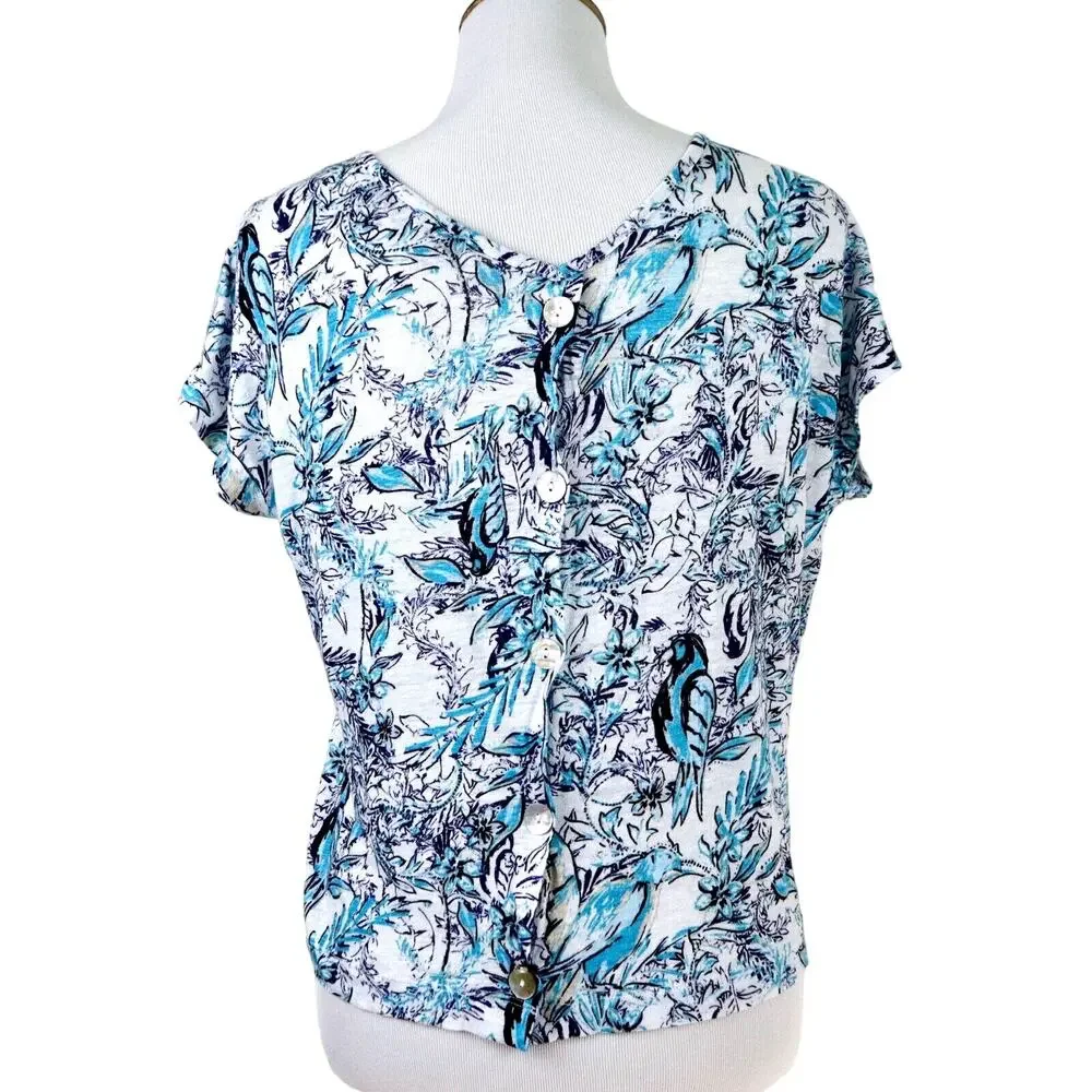 Tahari Size S Linen Slub Knit Tee Button Back Birds Flower Blue White